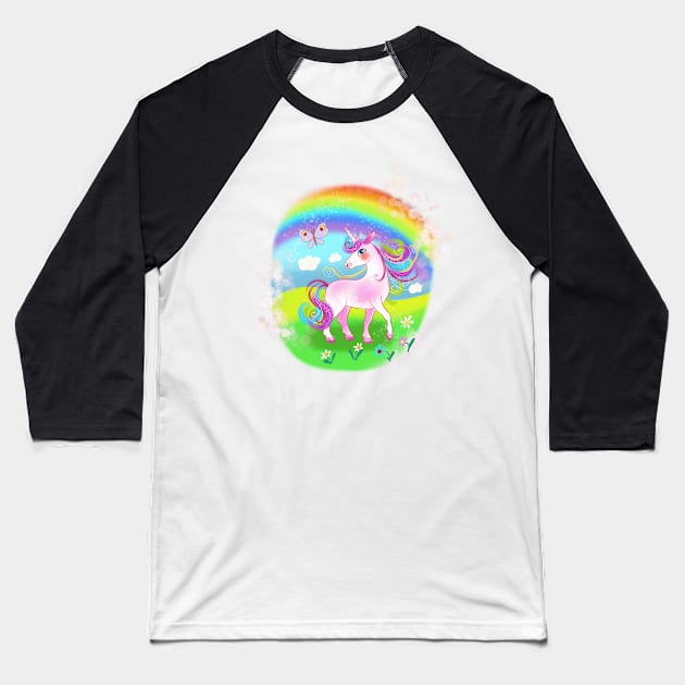 Magic fairy blue unicorn with rainbow And flowers Baseball T-Shirt by sonaart